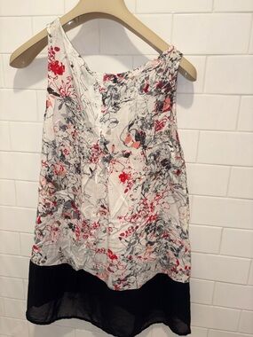 DKNY White Floral Tank with Red and Gray Print and Black Hem
